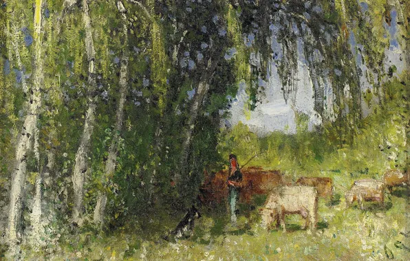 Пейзаж, картина, Пьер Эжен Монтезин, Pierre-Eugene Montezin, Стадо в Березовой Роще у Крёза