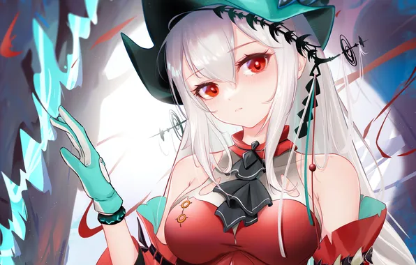 Girl, blouse, long hair, hat, boobs, anime, beautiful, red eyes