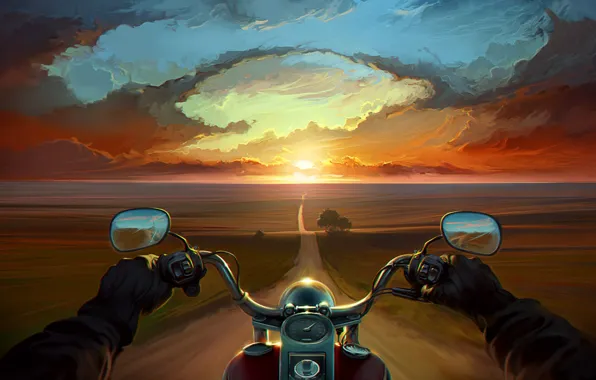 Картинка дорога, облака, деревья, закат, руки, арт, мотоцикл, байк