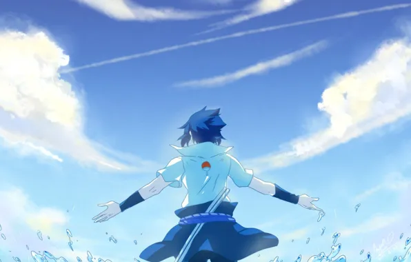 Море, брызги, парень, стоит, naruto, art, саске