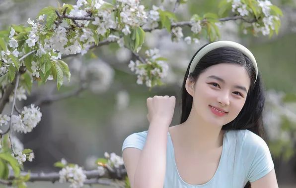 Beautiful, Asian, Model, Tree, Flowers, Smile, Woman, Cute