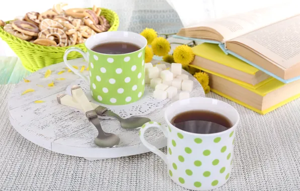 Цветы, чай, печенье, чашка, книга