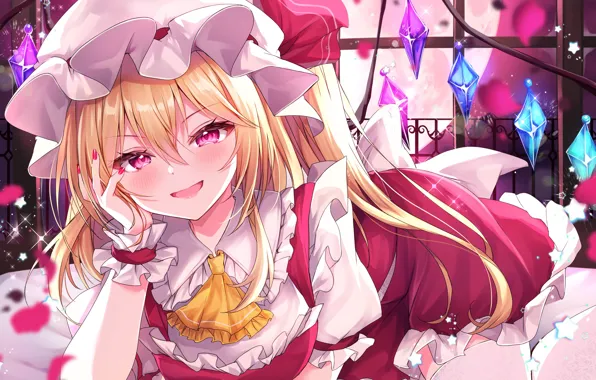 Девушка, кровать, демон, Touhou Project, Flandre Scarlet