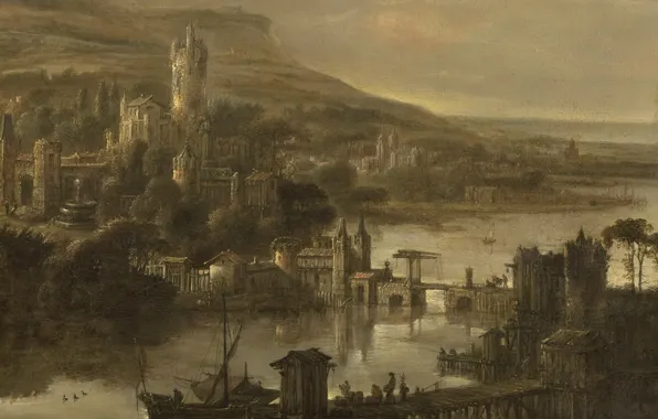 Картинка пейзаж, картина, Якоб де Вет Старший, Панорамный Пейзаж с Видом на Реку и Замок