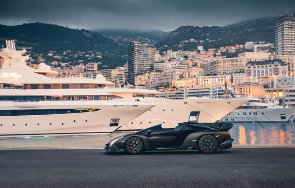 Roadster, Lamborghini, яхта, суперкар, supercar, Монако, вид с боку, 2014