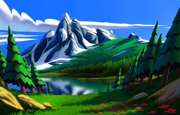 Summer, river, mountains, creative, 3D art, drawing landscapes, abstract landscapes, abstract nature