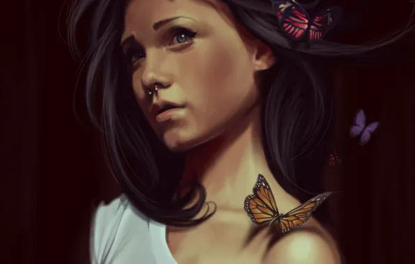 Картинка девушка, бабочки, пирсинг, арт