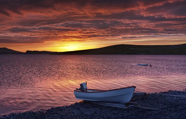 Картинка закат, берег, лодка