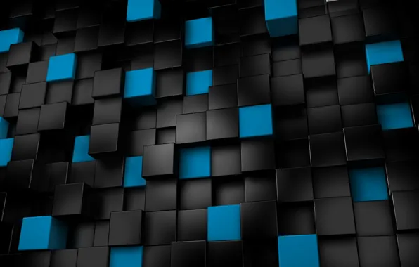 Рендеринг, чёрные, кубы, кубики, синие, 3d графика