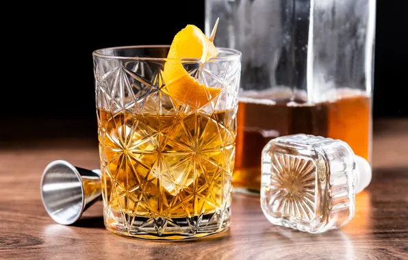 Картинка old, orange, wooden, cocktail, table, fashioned, garnished