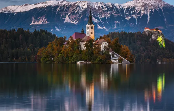 Картинка горы, озеро, монастырь, Словения, Блед