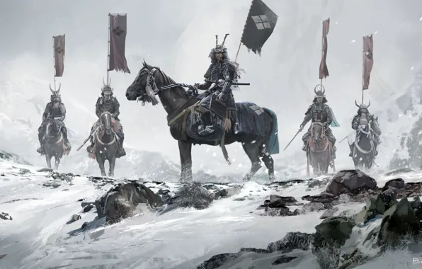 Картинка зима, снег, азия, япония, воины, всадники, знамена, самураи