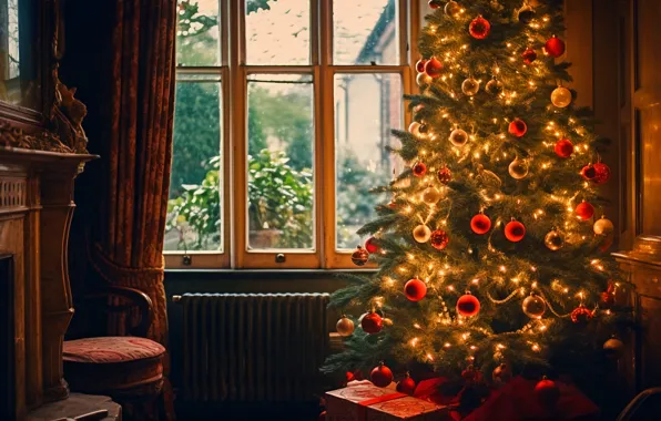 Украшения, дом, комната, шары, елка, интерьер, Новый Год, Рождество