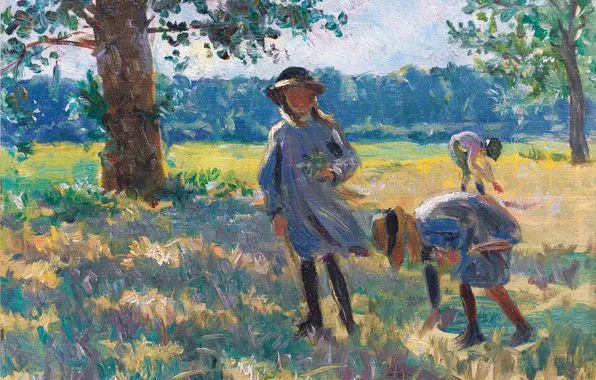 Пейзаж, дети, картина, жанровая, Анри Лебаск, The Gathering of Flowers
