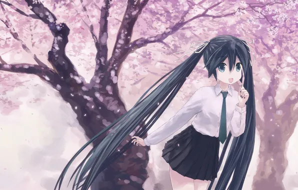 Картинка девушка, деревья, лепестки, сакура, арт, Hatsune Miku, Vocaloid, Вокалоид