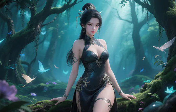 Картинка girl, forest, dress, brunette, asian, ai art