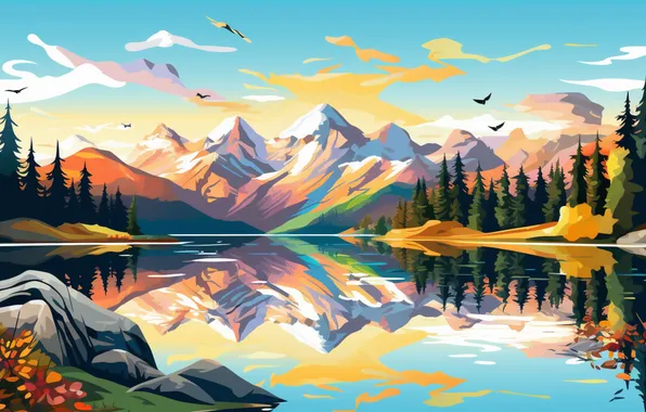 Лес, небо, облака, пейзаж, горы, отражение, берег, графика