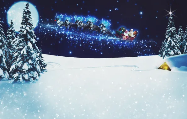Картинка Зима, Ночь, Снег, Луна, Рождество, Новый год, Санта Клаус, Звёзды
