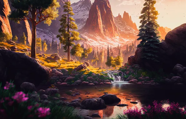 Лес, свет, деревья, пейзаж, цветы, горы, природа, камни