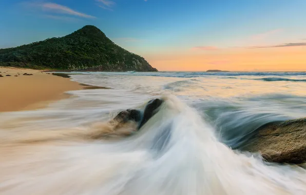 Пляж, океан, камень, гора, New South Wales, Nelson Bay