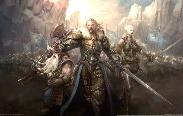 Картинка оружие, эльф, человек, легион, воины, гном