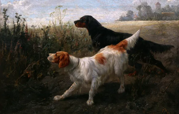 Картинка Трава, Картина, Собаки, Двое, Сеттеры, Немецкий художник, Heinrich Sperling, Сеттеры на точке