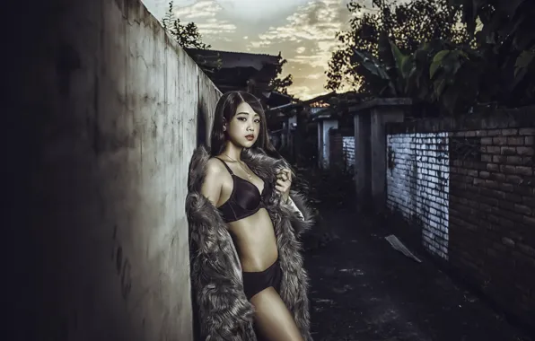 Грудь, модель, фигура, шуба, бельё, переулок, азиатка, lingerie