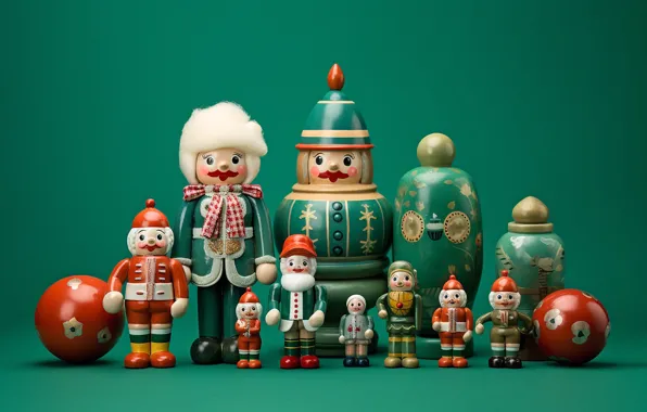 Шарики, игрушки, Рождество, Новый год, фигурки, зеленый фон, ёлочные игрушки, ИИ-арт
