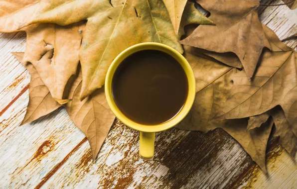 Картинка осень, листья, фон, дерево, кофе, colorful, чашка, wood