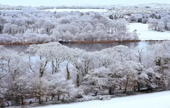 River, winter, snow, village