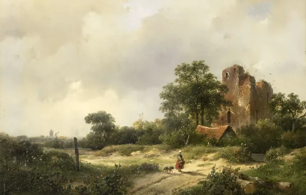 Картинка дерево, масло, картина, Андреас Схелфхаут, Пейзаж с Руинами Замка Бредероде в Сантпоорте