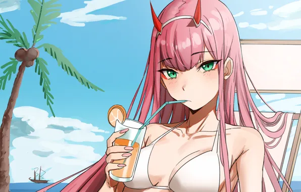 Girl, sexy, cleavage, pink hair, horns, green eyes, long hair, sea