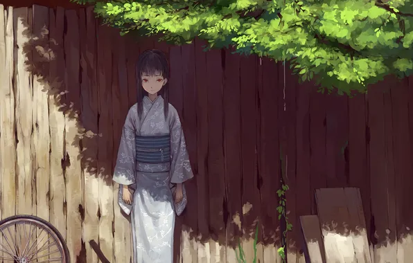 Картинка забор, Девушка, колесо, кимоно