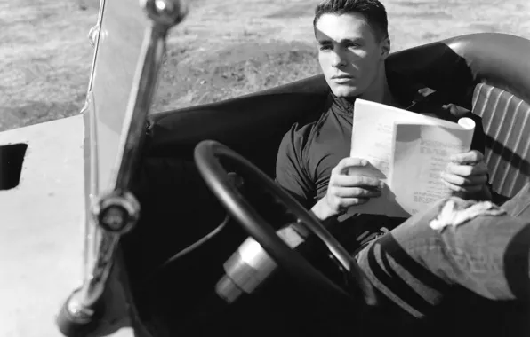 Картинка руль, актер, черно-белое, автомобиль, салон, Colton Haynes