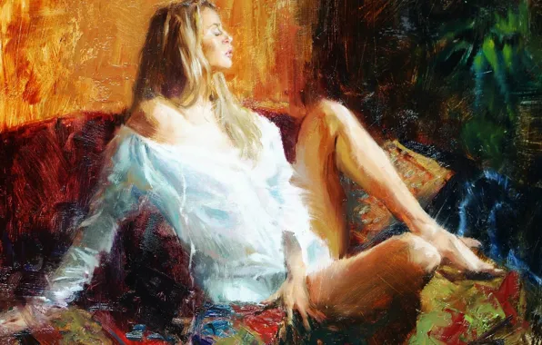 Девушка, поза, краски, картина, живопись, сидит, теплота, Eric Wallis
