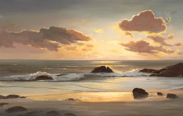 Картинка песок, море, волны, вода, облака, природа, камни, океан