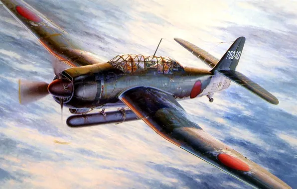 Картинка небо, рисунок, арт, японский, палубный, WW2, бомбардировщик-торпедоносец, Aichi B7А Rusei