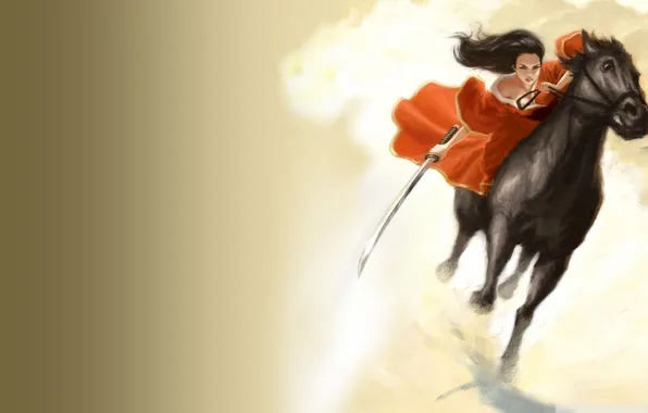 Картинка движение, конь, японка, меч, Kei Acedera