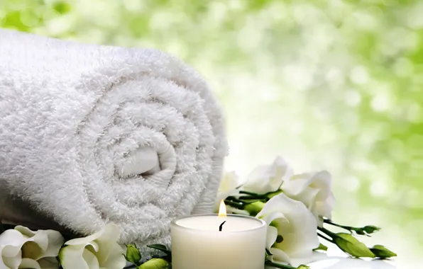 Relax, flowers, bath, спа, candle, spa, towel
