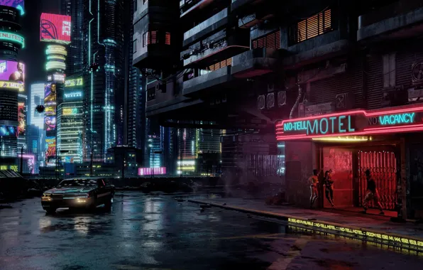 Машина, ночь, город, огни, Cyberpunk 2077, Киберпанк, Киберпанк 2077