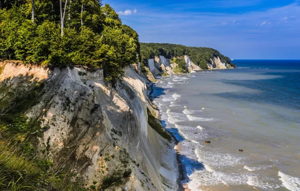 Картинка море, небо, солнце, деревья, скалы, побережье, Германия, горизонт