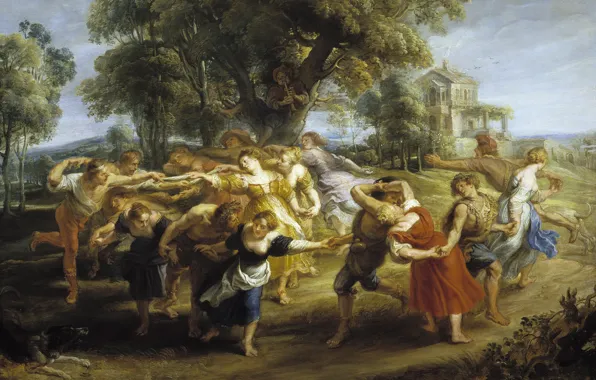 Картинка пейзаж, картина, жанровая, Питер Пауль Рубенс, Pieter Paul Rubens, Крестьянский Танец в Италии