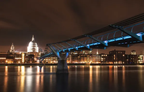 Мост, город, огни, Лондон, Темза, London, Thames, Millenium Bridge