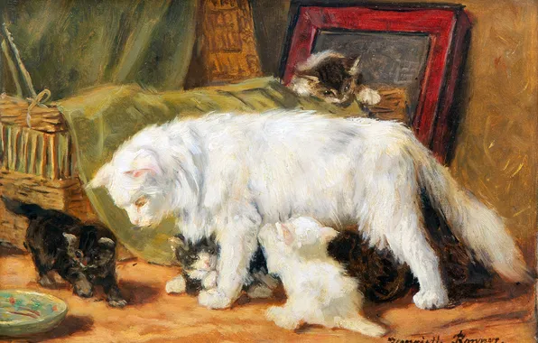 Картинка Кошки, Котята, Картина, Генриетта Роннер-Книп, Henriette Ronner-Knip, Бельгийская художница, Мама-кошка со своими котятами