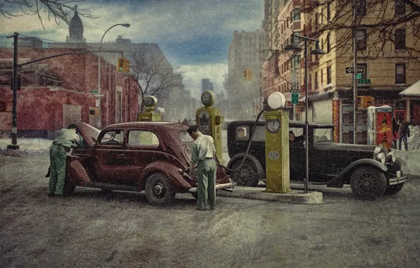 Картинка зима, город, ретро, люди, автомобили, автозаправка, 1930