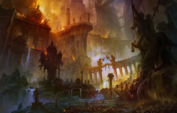 Картинка город, люди, огонь, война, разрушение, храм