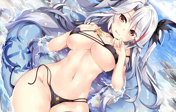 Girl, sexy, wet, cleavage, beach, erect nipples, sky, long hair