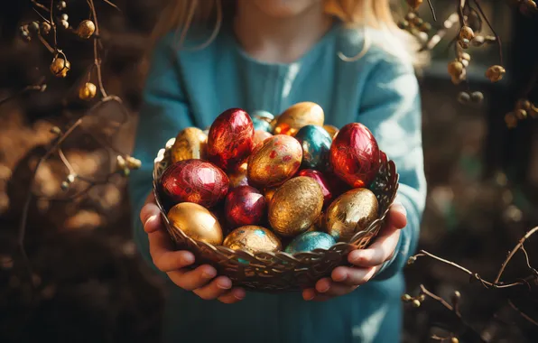 Свет, ветки, природа, праздник, яркие, блеск, яйца, весна