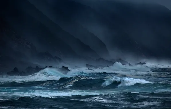 Картинка море, волны, шторм, скалы, вечер, dark, waves, storm