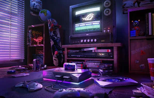 Retro, Technology, Cozy, Republic of Gamers, ASUS ROG, Aesthetic interior, Gaming console, Gaming room